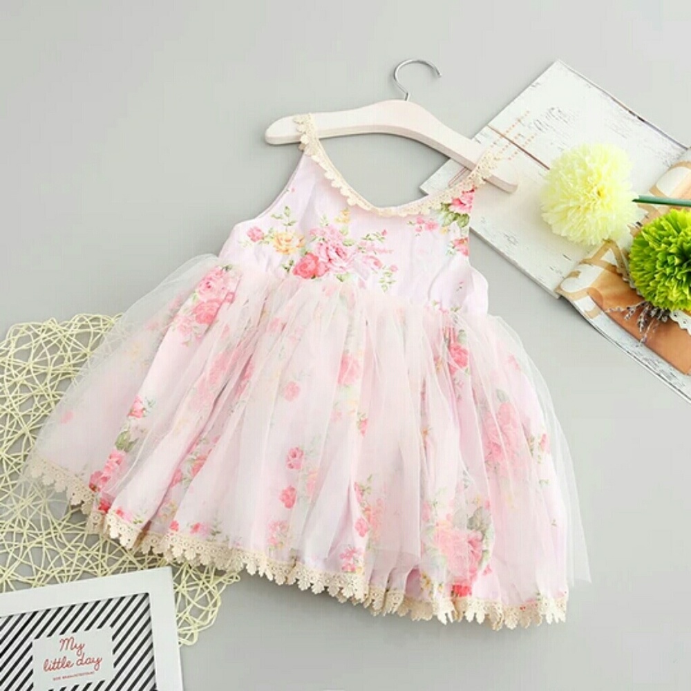 NWT Girls Soft Pink Floral Lace Tulle Dress Gown
